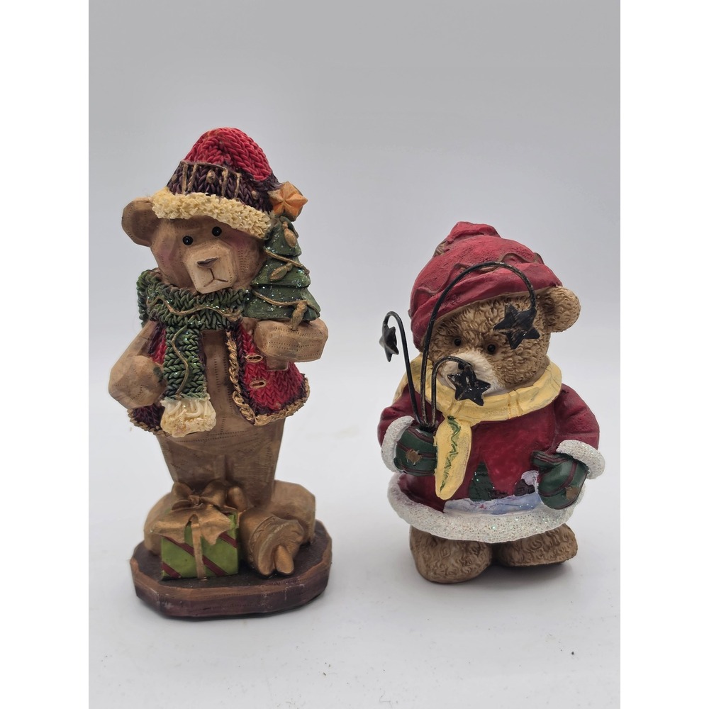 Vintage Style Resin Christmas Teddy Bear Figurines Set of 2 Rustic Holiday Decor